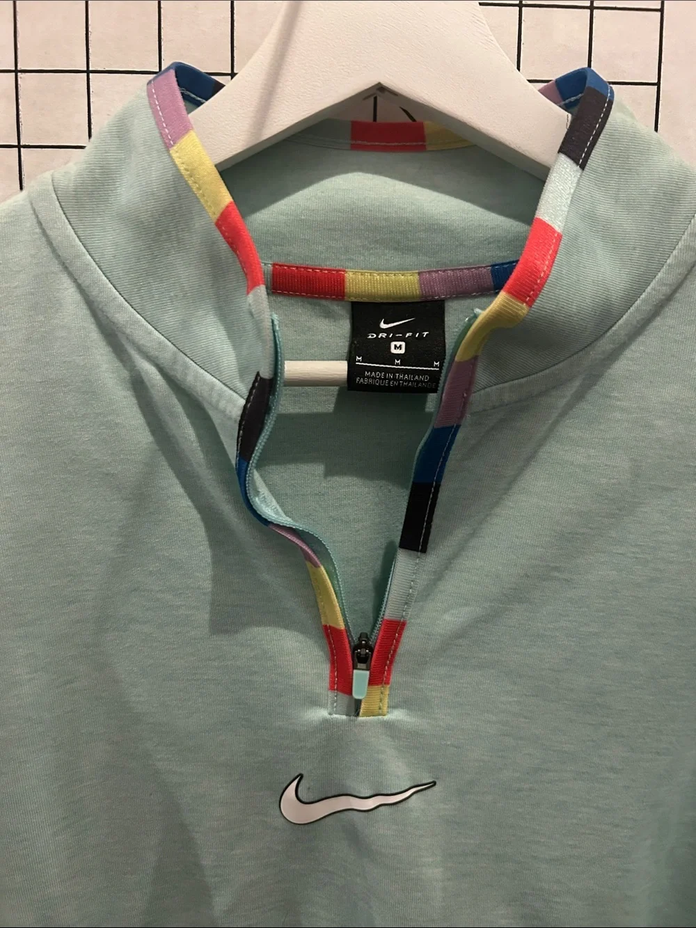 Nike Jogatv Mint Green Quarter-Zip Pullover with Rainbow-Trim Collar